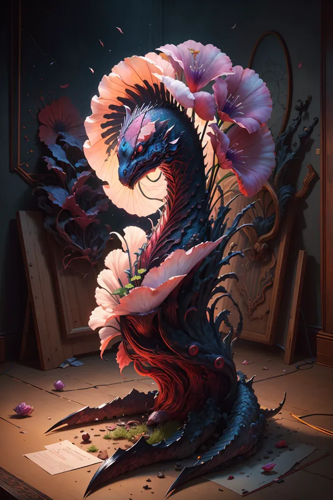 The image is a dark fantasy painting of a dragon with pink and purple flowers growing out of its body. The dragon is sitting on a wooden table with its long tail wrapped around the table leg. The background is a dark room with a wooden floor and a large mirror. The painting is done in a realistic style with muted colors.