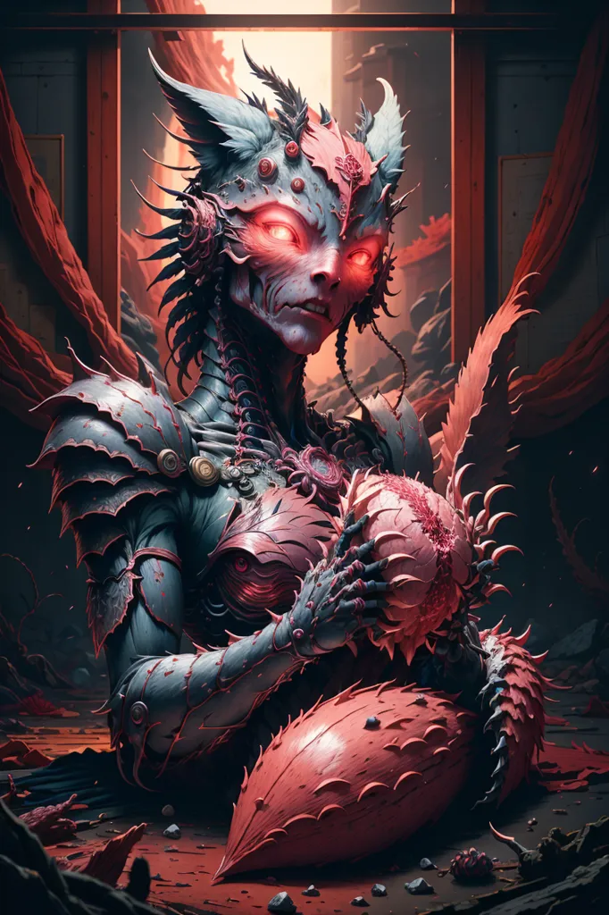 The image is a dark fantasy illustration of a humanoid creature with the head of a feline and the body of a woman. The creature is sitting on a pile of rocks and holding a large, glowing heart in its hands. The heart is connected to the creature's body by a series of veins and arteries. The creature's eyes are glowing red and it has a sinister expression on its face. The background is a dark, rocky landscape with a large, glowing moon in the sky.