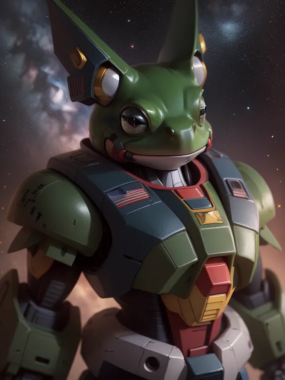 The image shows a green and yellow robot that looks like a frog. It has a round head with big eyes and a mouth. It is wearing a green and yellow suit of armor. The robot is standing in a fighting stance. There is a starry background with a hint of orange.