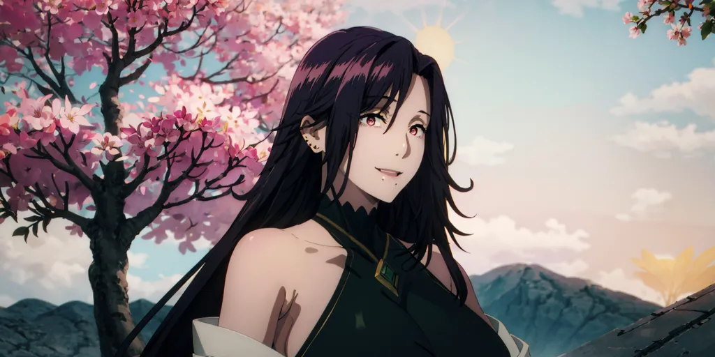 La imagen es de una hermosa chica de anime con el cabello largo y morado y ojos morados. Ella está usando un vestido negro y verde con una capa blanca. Ella está de pie en un campo de flores rosas y hay montañas en el fondo. El sol brilla intensamente y hay nubes en el cielo.