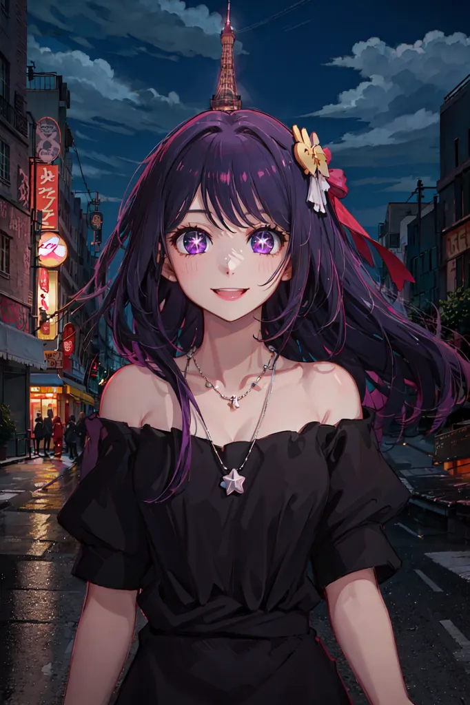 The image is a portrait of a young woman with purple hair and eyes. She is wearing a black dress with off-the-shoulder sleeves. There is a pink bow in her hair and a silver necklace around her neck. The background is a cityscape at night with a tower in the distance. The street is wet from rain and there are people walking in the background.