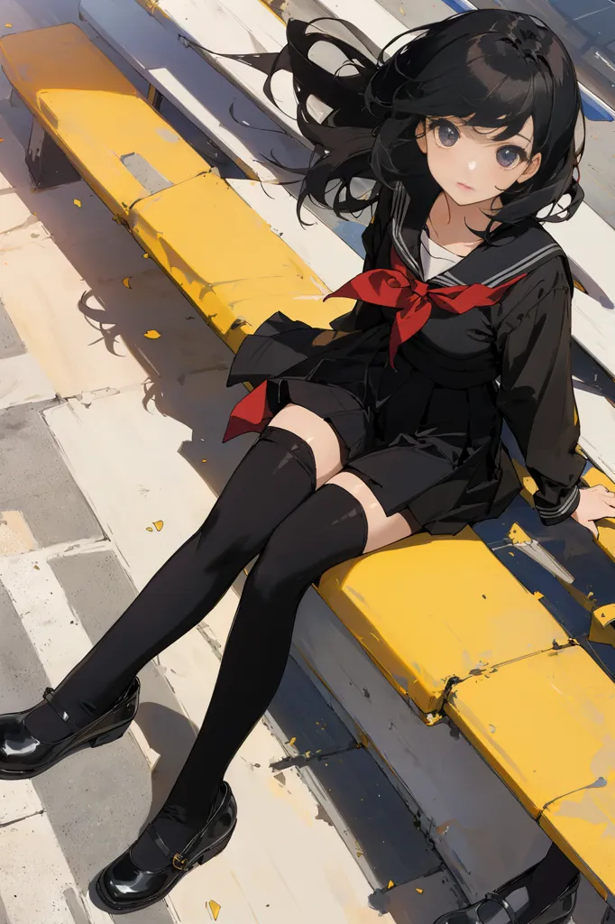 The image is a painting of a young girl sitting on a bench. The girl has long black hair and brown eyes. She is wearing a black sailor-style school uniform with a red scarf. She is also wearing black stockings and brown shoes. The girl is sitting on a yellow bench. There is a building in the background. The painting is done in a realistic style and the colors are vibrant and bright. The girl's expression is one of happiness and contentment.