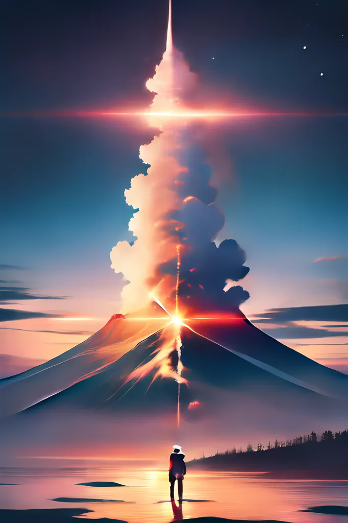 A volcano is erupting, spewing ash and smoke into the sky. The sky is dark and there are stars in the sky. A man stands in the foreground, watching the eruption. The volcano is in the distance behind him. The ground is covered in lava. The scene is one of awe and wonder.