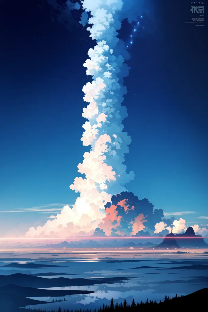 The image is a tall, thin cloud that is rising up from the ocean. The cloud is white and fluffy and is lit up by the sun. The sky is blue and there are a few stars in the sky. The ocean is dark blue and there are some waves on the surface. There is a mountain range in the distance. The image is very peaceful and serene.