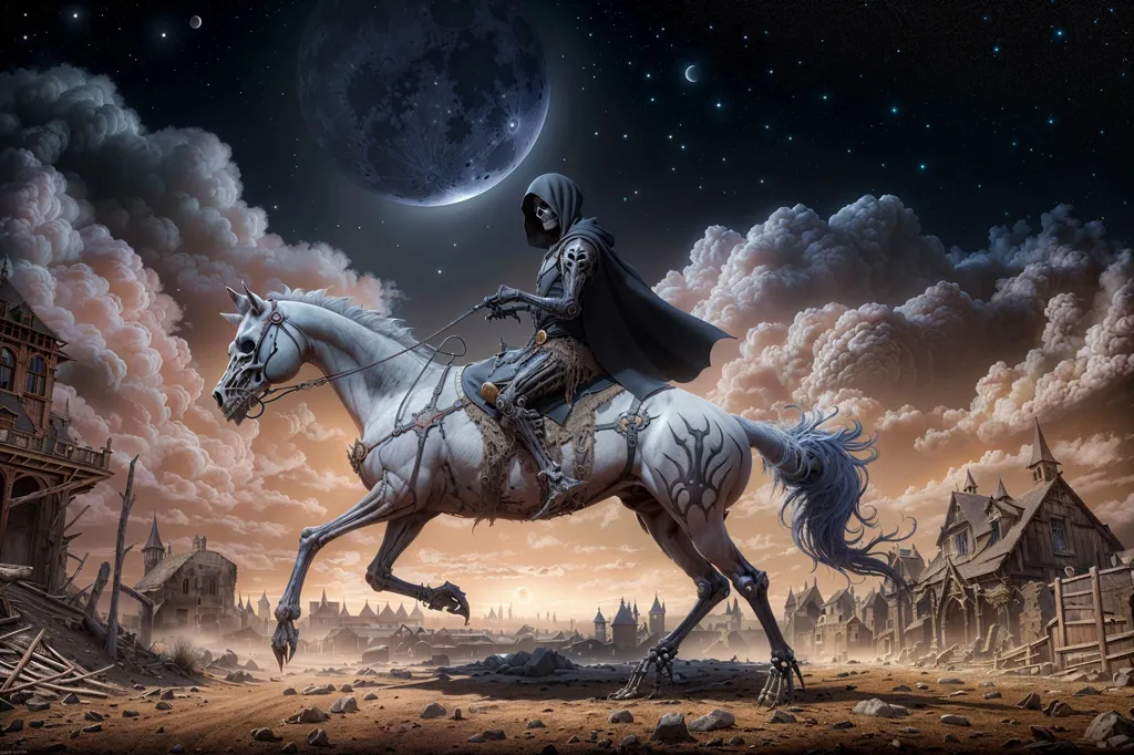 The image is a dark fantasy painting of a skeletal horse and rider. The horse is white with a long, flowing mane and tail. The rider is a tall, thin figure wearing a black cloak and hood. The horse is galloping across a barren landscape with a ruined city in the background. The sky is dark and cloudy, and there is a full moon in the background. The painting is done in a realistic style, and the colors are muted and desaturated.