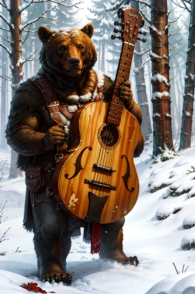 The image shows a large, brown bear standing in a snowy forest. The bear is wearing a leather vest and a red scarf around its neck. It is also carrying a guitar. The bear has a friendly expression on its face and appears to be enjoying the snow.