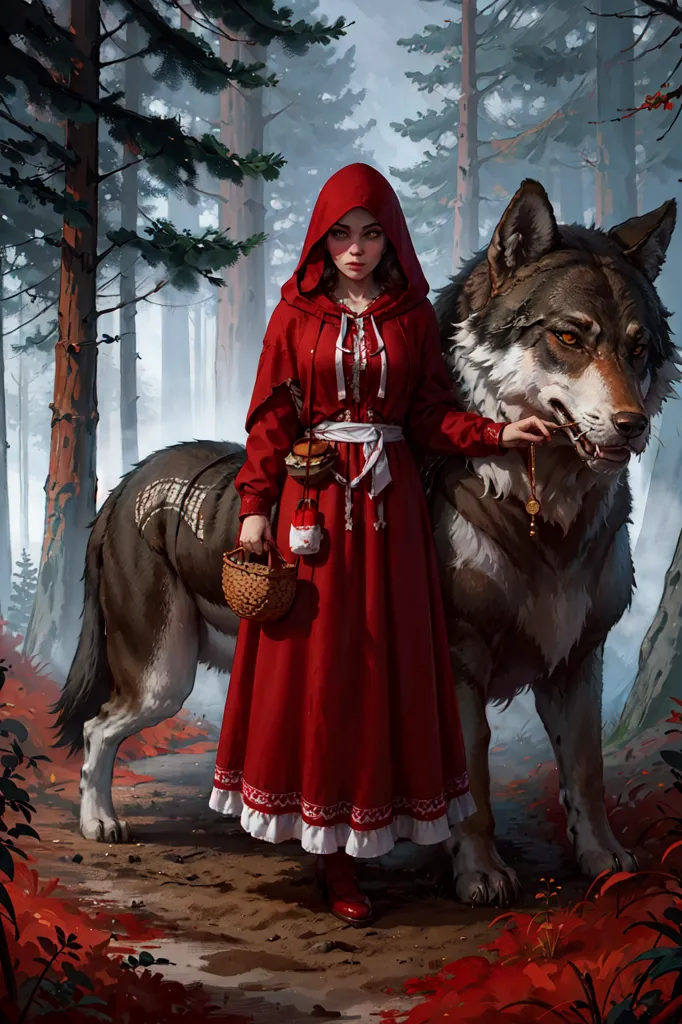 The image is of a woman in a red cloak standing in a forest. She is holding a basket and is accompanied by a large wolf. The woman is wearing a white blouse and red skirt and has a red hood on her head. The wolf is gray and has a white marking on its chest. The forest is full of tall trees and a variety of shrubs and plants, with red leaves on the ground. In the background, there is a mountain range.