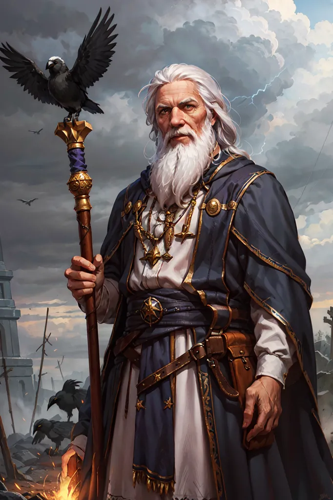 The image shows a tall, old man with long white hair and a beard. He is wearing a blue robe with gold trim and a white tunic. He is also wearing a necklace with a large pendant in the shape of a star. He is holding a staff in his right hand and there is a raven perched on top of it. He has a serious expression on his face. There are dark clouds in the background and a ruined city in the distance.