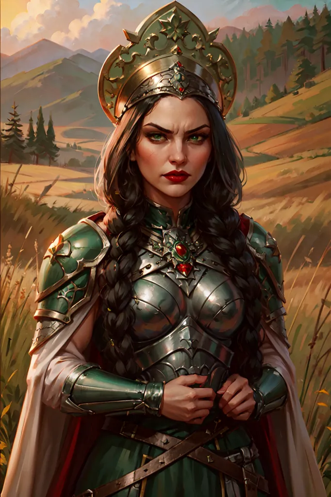 This image shows a woman in her early 20s with long black hair and green eyes. She is wearing a green and silver breastplate with matching green pauldrons. Underneath the breastplate, she is wearing a long green dress with a white camisole. She is also wearing a red cape. She has a gold and silver crown on her head and a gold necklace around her neck. She is standing in a field of tall grass with a forest in the background.