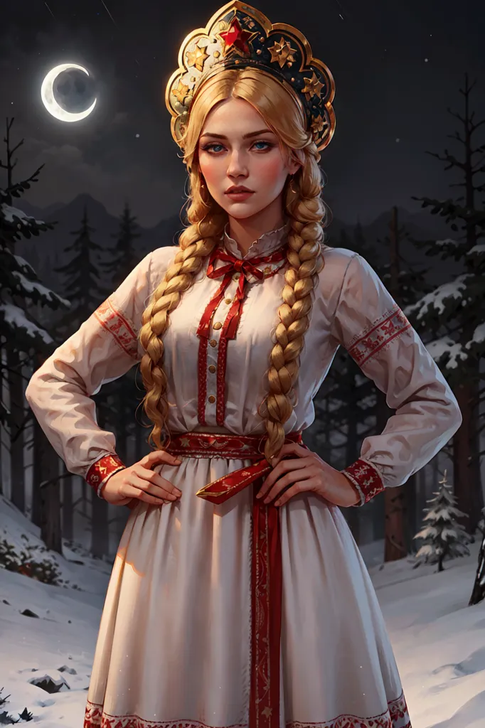 This image shows a young woman, with long blonde hair braided, wearing a white dress with red and gold trim, and a red sash with gold accents. She is also wearing a gold crown and has blue eyes. She is standing in a snowy forest at night, with a crescent moon in the background.