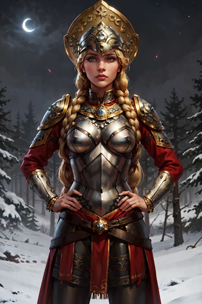 Esta é uma imagem de uma guerreira feminina. Ela está usando uma couraça de metal com ombreiras de couro e uma saia vermelha. Ela tem uma coroa dourada na cabeça e está carregando uma espada. Ela está em pé em uma floresta nevada, com uma lua cheia ao fundo.