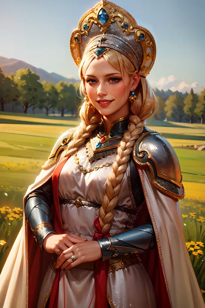 The image shows a young woman dressed in a white and red medieval dress with a white cape and silver and gold armor. She has a golden crown on her head and a red belt around her waist. Her long blond hair is braided and she has blue eyes. She is standing in a field of yellow flowers and there are trees and mountains in the background.