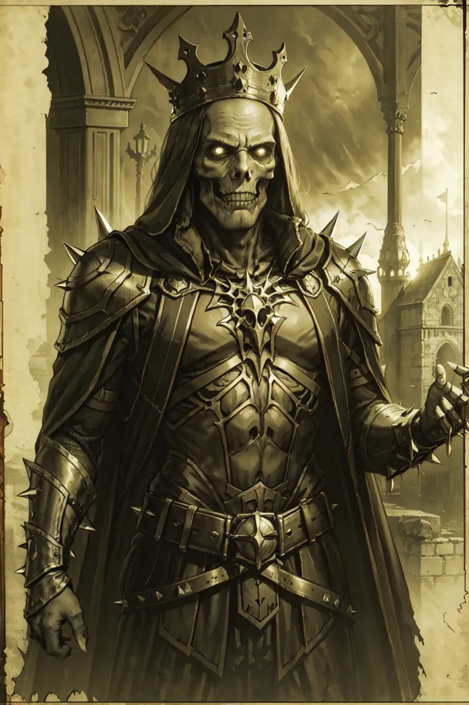 The image is of a skeletal figure wearing a crown and armor. The figure is standing in a dark, gothic-looking room. There are two large pillars in the background, and a door on the left. The figure is holding a sword in its right hand, and a shield in its left hand. The sword is pointed at the viewer, and the shield is held up in front of the figure's body. The figure's head is turned slightly to the left, and it is looking at the viewer with its empty eye