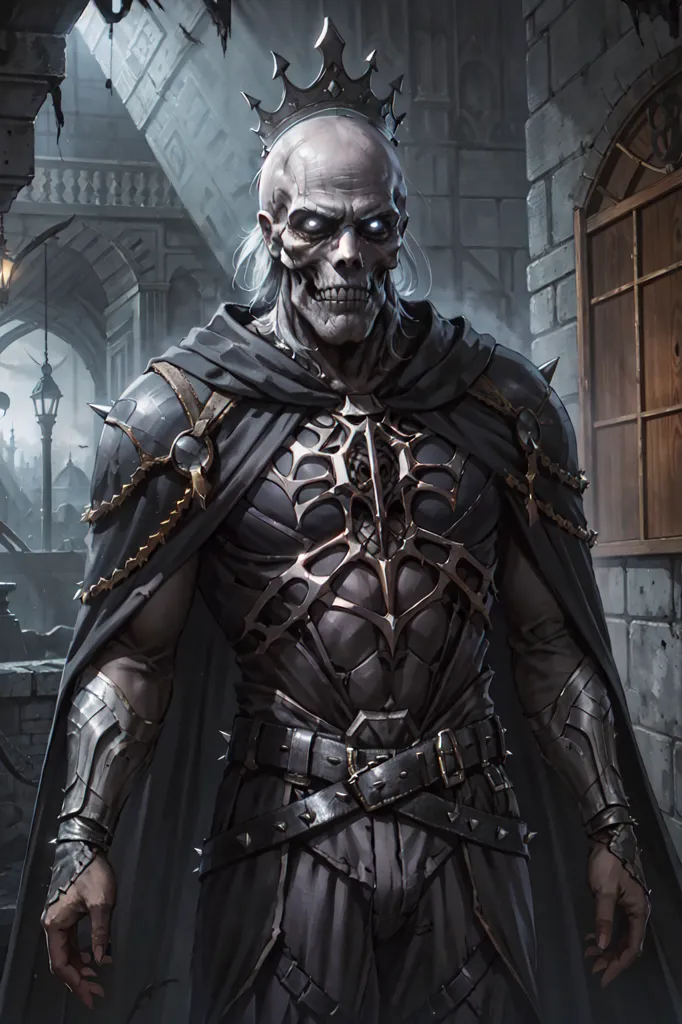 The image is a dark fantasy illustration of a skeletal figure wearing a crown andblack armor. The figure is standing in a stone hallway, with a large door on the right and a barred window on the left. The figure's eyes are glowing white, and it has a sinister expression on its face. The armor is made of a dark metal, and it is covered in spikes and chains. The figure is also wearing a black cloak, which is lined with fur. The image is dark and atmospheric, and it has a sense of forebod