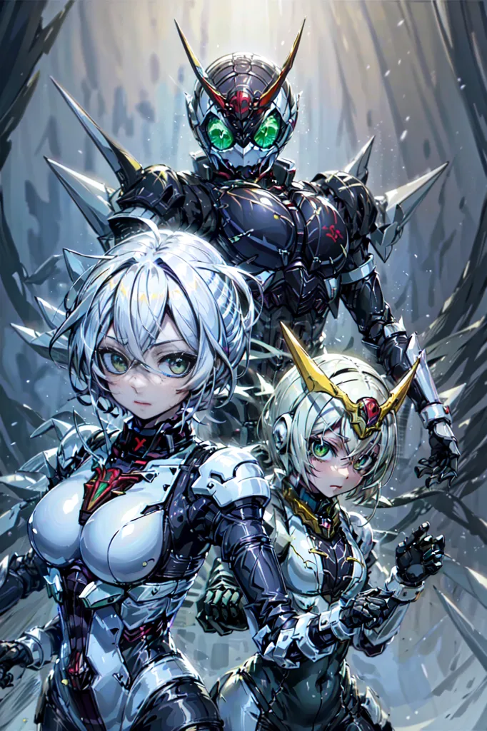 The image is of three armored women. They are all wearing white and gray armor with green visors. The woman in the middle is taller than the other two and has black and red armor. The woman on the left has white and silver armor and the woman on the right has white and gold armor. All three of them have weapons. The woman in the middle has a large sword, the woman on the left has a pair of daggers, and the woman on the right has a pair of guns. They are all standing in front of a dark background with large spikes protruding from the ground.