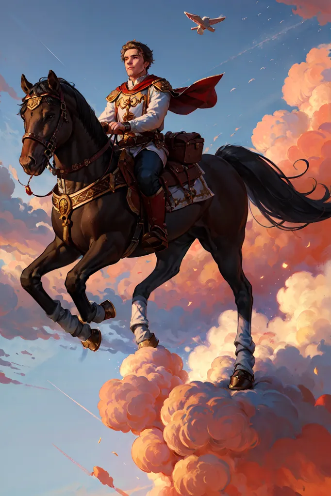 This is an image of a man riding a horse. The man is dressed in a white shirt, blue pants, and a red cape. He has a sword at his side and a pouch on his hip. The horse is brown and has a golden mane and tail. The man and horse are riding on clouds in the sky. There is a white dove flying in the sky in the background.