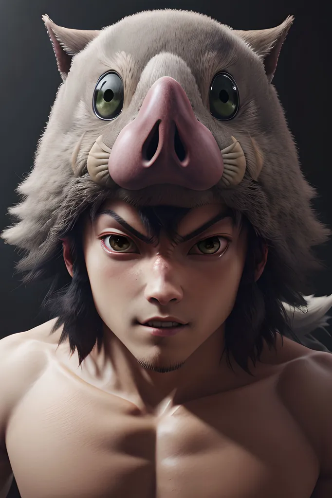 The image is a portrait of a young man wearing a boar mask. He has short black hair and brown eyes. The mask is made of fur and has two large green eyes. He is wearing a white shirt that is open at the collar. The background is a dark grey.