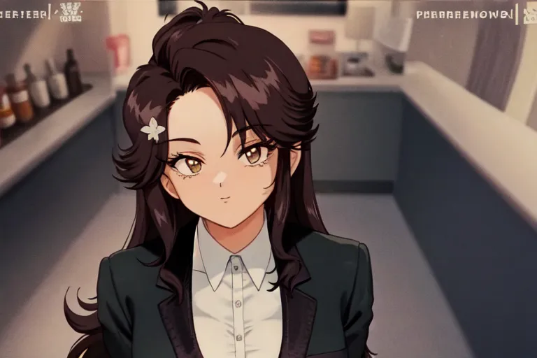 The image shows a young woman with long brown hair and yellow eyes. She is wearing a white dress shirt, black suit jacket, and a white flower in her hair. She is standing in a kitchen or bar area, looking at the viewer with a slight smile on her face.