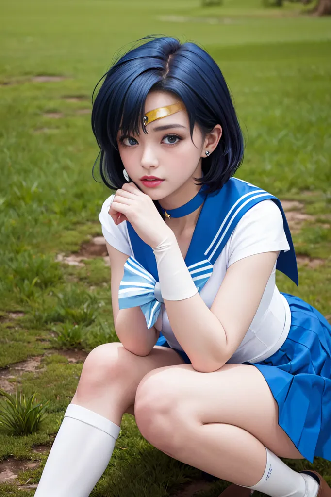 The image shows a young woman with short blue hair and brown eyes. She is wearing a white and blue sailor-style uniform with a red bow at the collar. She is sitting on the grass with her legs crossed and her hand resting on her chin. She is looking at the viewer with a thoughtful expression.