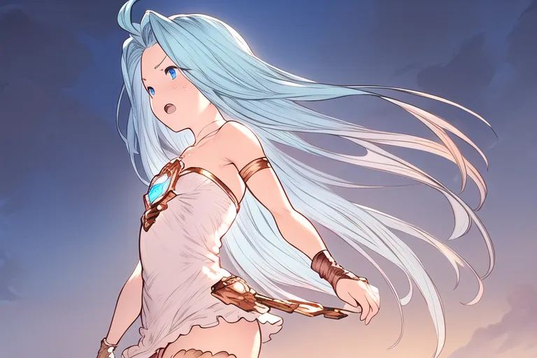 This is an image of a young woman with long blue hair and blue eyes. She is wearing a white dress with a brown belt and a blue crystal on her chest. She is also wearing a brown gauntlet on her right hand. She is standing in a field of green grass and there are mountains in the background. The sky is blue and there are some clouds in the sky. The sun is shining from the right.