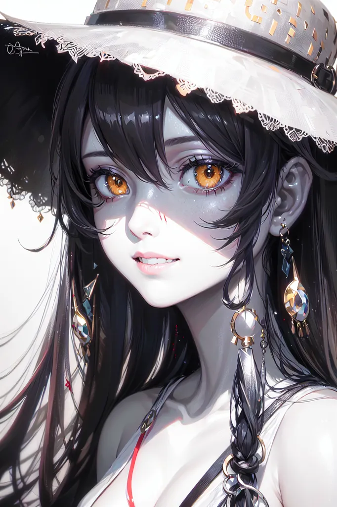 The image is a portrait of a beautiful young woman with long black hair and orange eyes. She is wearing a white hat with a black ribbon and a white dress with a black choker. The background is a light grey and the image is in a soft, painterly style.