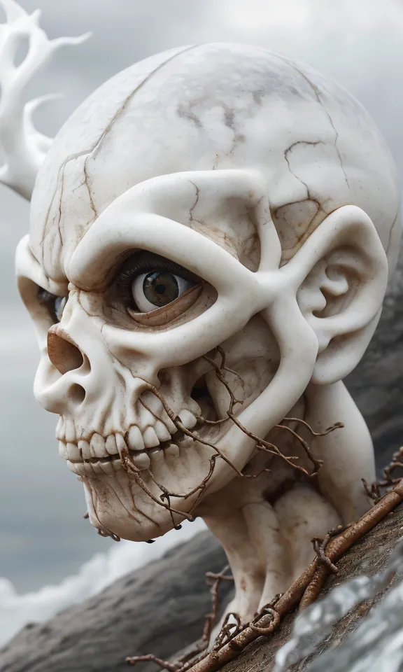 This image is a skull with tree branches growing through the eye sockets and mouth. The skull is facing the viewer and has a large hole in the top of the head. The skull is also covered in small cracks and has a few teeth missing.