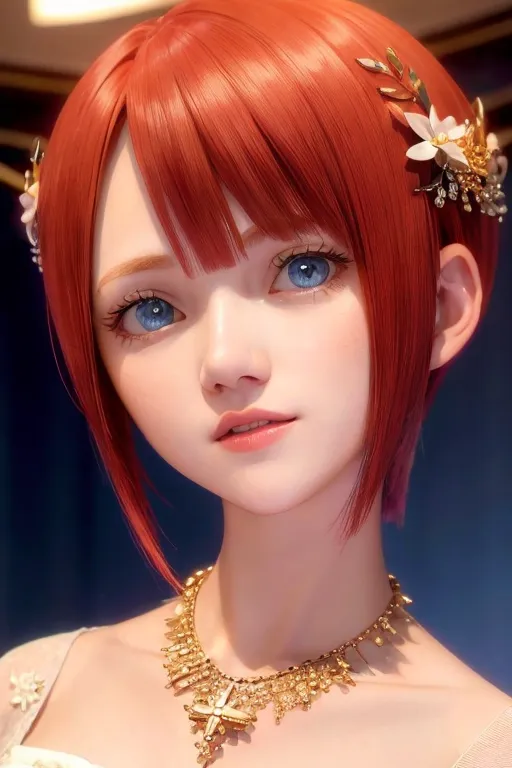 The image shows a young woman with waist-length red hair. Her eyes are blue and her skin is fair. She is wearing a white dress with a sweetheart neckline and a gold necklace. Her hair is styled with a half-up, half-down hairstyle and she has a small white flower in her hair. She is looking at the viewer with a serene expression. The background is a dark blue color.