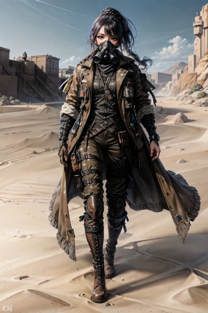 The image shows a post-apocalyptic desert wasteland. A young woman is walking through it. She is wearing a long brown coat, a gas mask, and a pair of goggles. She is also carrying a backpack and a gun. The woman looks tired and determined as she trudges through the harsh environment.