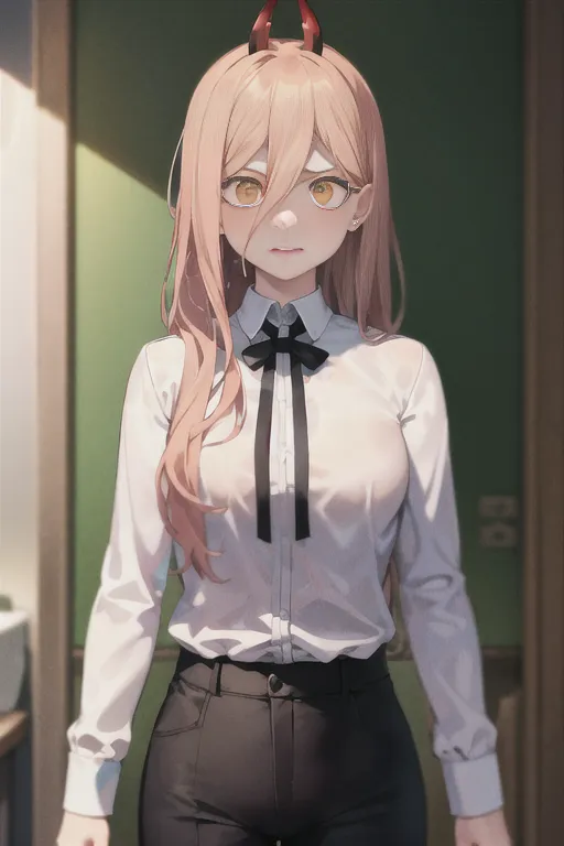 The image shows a young woman with long pink hair and yellow eyes. She is wearing a white blouse and black pants. She is standing in a doorway, and she looks surprised to see someone.