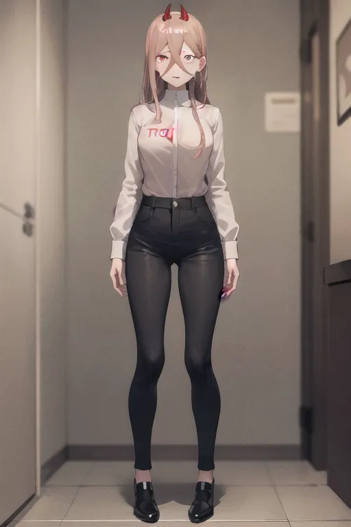 The image shows a young woman with long pink hair and red horns standing in a hallway. She is wearing a white button-down shirt, black pants, and black shoes. The woman has a serious expression on her face and is looking at the viewer.