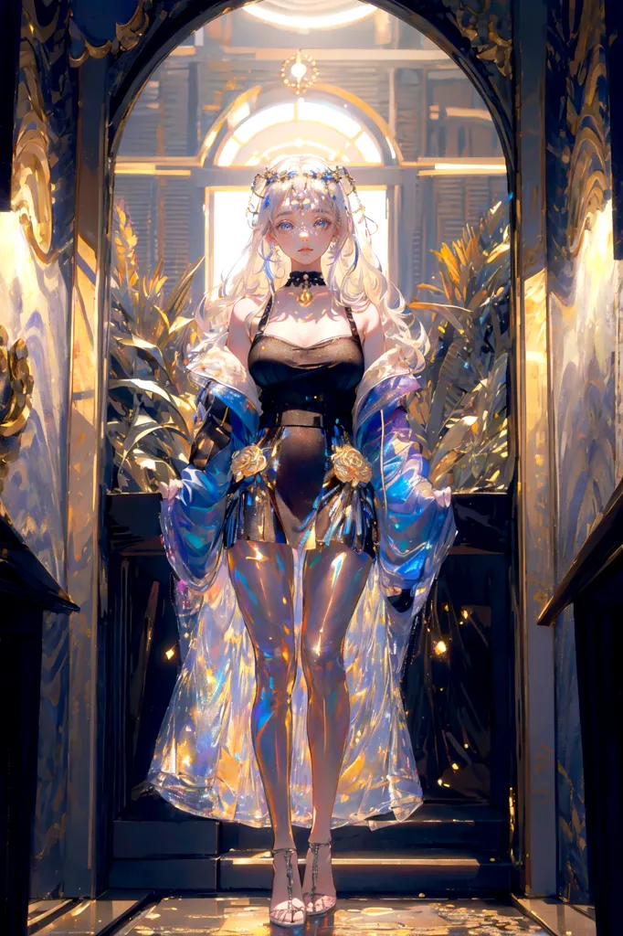 The image is a painting of a beautiful woman with long white hair and blue eyes. She is wearing a black swimsuit with a golden pattern and a long, flowing blue coat with golden flowers. She is standing in a grand hall with a golden door and two large windows. The floor is made of black and white marble tiles, and the walls are decorated with intricate carvings.