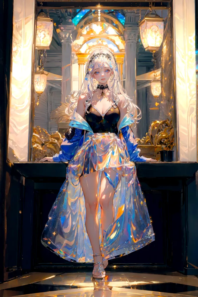 The image is of a beautiful anime girl with long white hair and blue eyes. She is wearing a black corset and a blue skirt with a slit that shows off her legs. She is also wearing a blue jacket with a hood. The girl is standing in a room with a marble floor and gold pillars. There are two lanterns on either side of her. The girl is looking at the viewer with a serious expression.