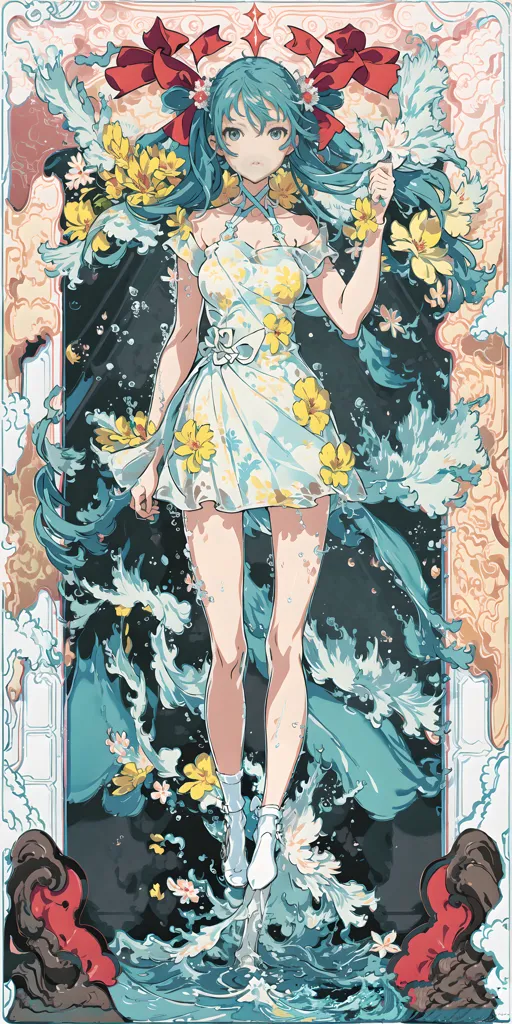 The image is a painting of a young woman with long, flowing green hair. She is wearing a white dress with yellow flowers and has a yellow bow in her hair. She is standing in a sea of flowers, and there is a large wave crashing behind her. The painting is done in a realistic style, and the colors are vibrant and lifelike. The woman's expression is one of peace and serenity, and the painting as a whole conveys a sense of calm and tranquility.