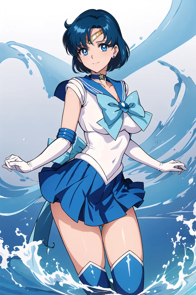 The image is of a young woman with short blue hair and blue eyes. She is wearing a white and blue sailor-style outfit with a blue bow at the center of her chest. She is also wearing white gloves and blue boots. She is standing in front of a background of swirling water.