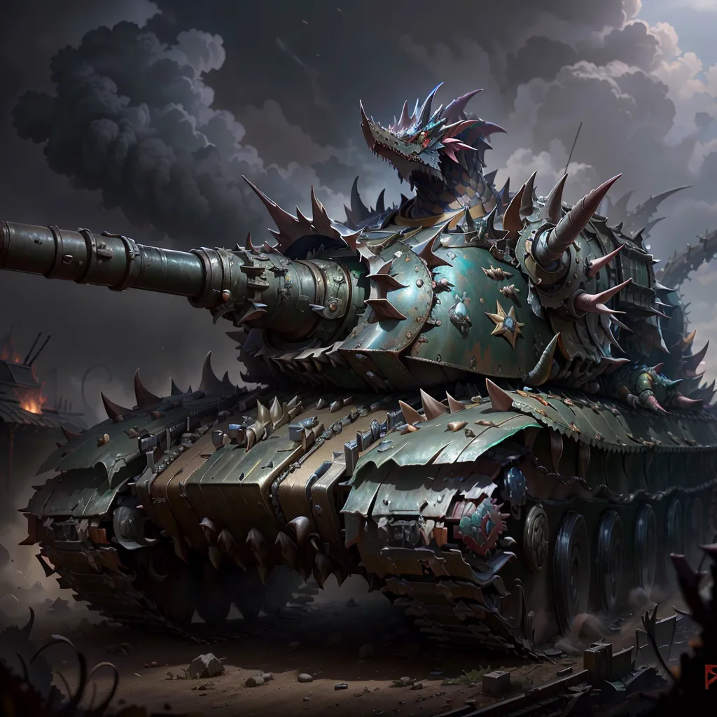 The image shows a steampunk dragon tank. It is a large, mechanical vehicle with a dragon's head and wings. The tank is made of metal and has a variety of weapons mounted on it, including a large cannon on its back. The tank is also covered in spikes and other sharp objects, making it a formidable opponent in battle.