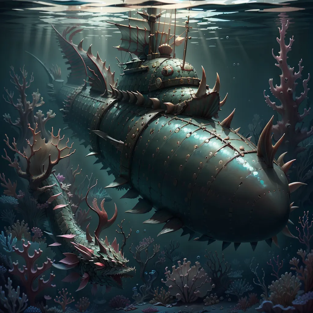 The image is a steampunk submarine. It is made of metal and has a dragon-like head on the front. The submarine is surrounded by coral reefs and fish. The submarine is also surrounded by a school of fish. The image is set in a deep ocean.