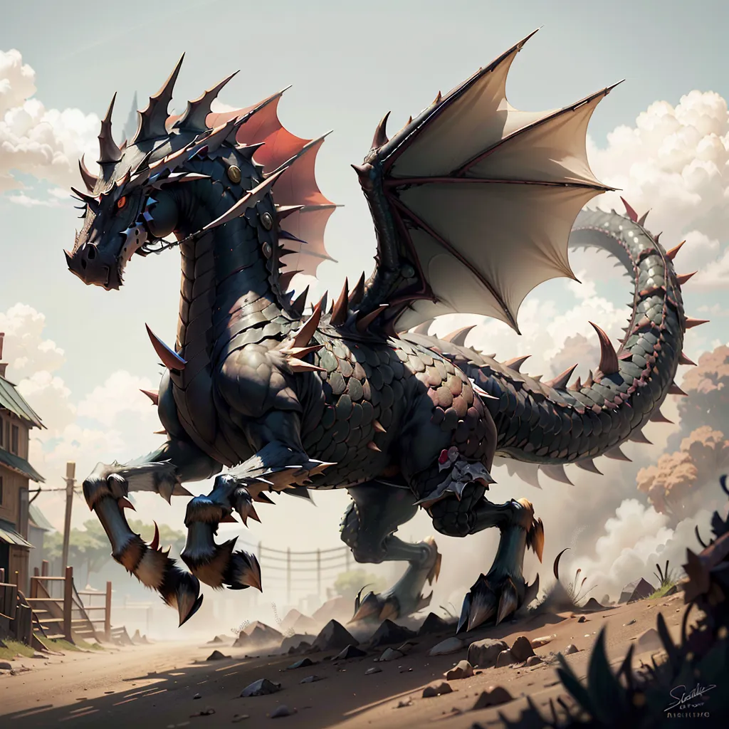 La imagen es una pintura digital de un dragón. El dragón es negro con rayas rojas y amarillas en sus alas, y tiene un cuerpo largo y serpentino con una cabeza y patas similares a las de un caballo. Está parado en una llanura rocosa con un pueblo al fondo. El dragón tiene las alas extendidas y mira al espectador con sus ojos rojos.