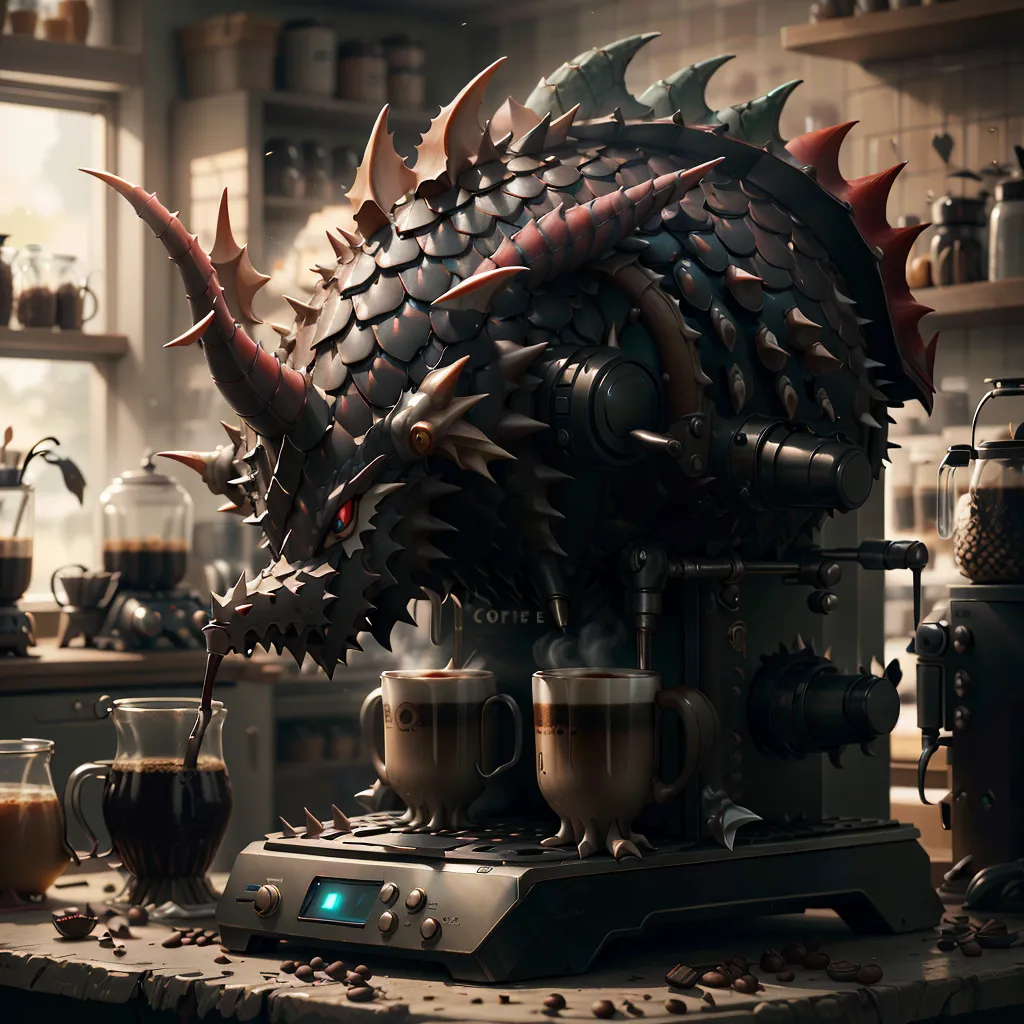 The image is a steampunk-style coffee machine. It is made of metal and has a dragon-like design. It has a large, spiked body with a long, serpentine neck. The coffee machine has two spouts, which are shaped like dragon's mouths. A pair of cups are sitting on a grate below the spouts, and the coffee machine is turned on, with steam coming out of the spouts and filling the cups. The coffee machine is sitting on a wooden table, and there are coffee beans and other supplies scattered around it.