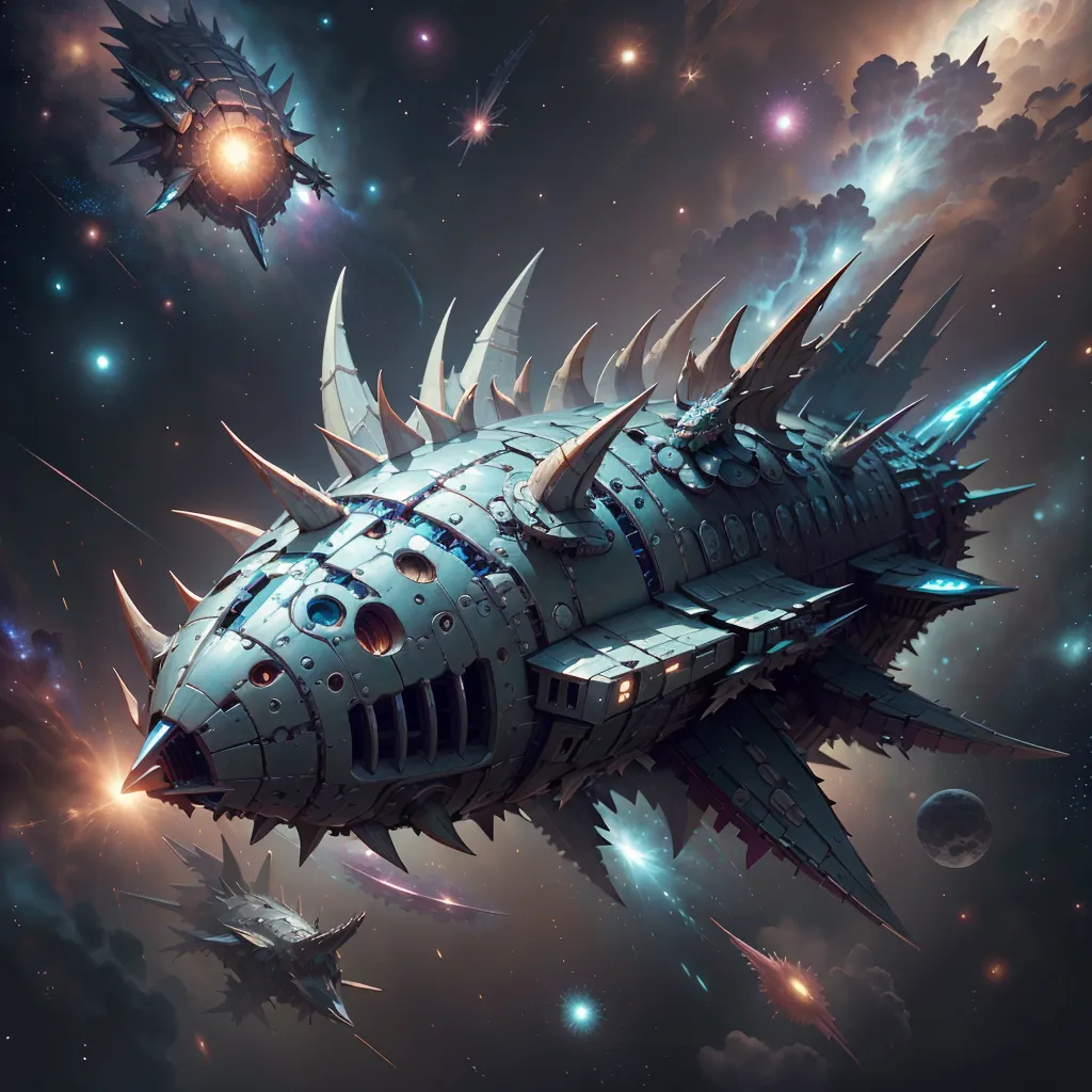 The image shows a large, metal spaceship in the shape of a manta ray. The ship has a long, pointed nose and a wide, flat body. It is covered in spikes and has several large engines on its back. The ship is flying through a colorful nebula, and there are several stars in the background.