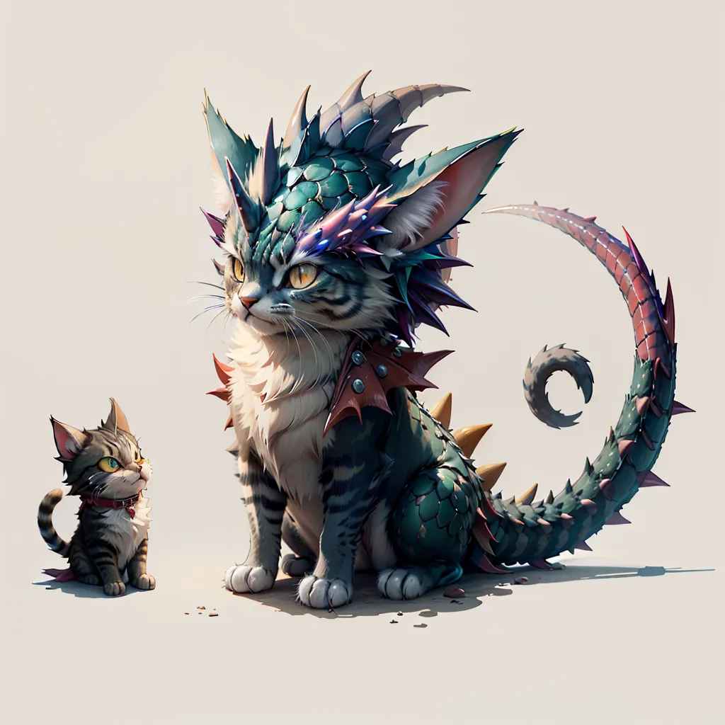 The image shows a cat with green and blue scales, a long spiked tail, and horns on its head. It is sitting on a white surface and looking at a small brown cat. The small cat is sitting to the left of the larger cat and is looking up at it.