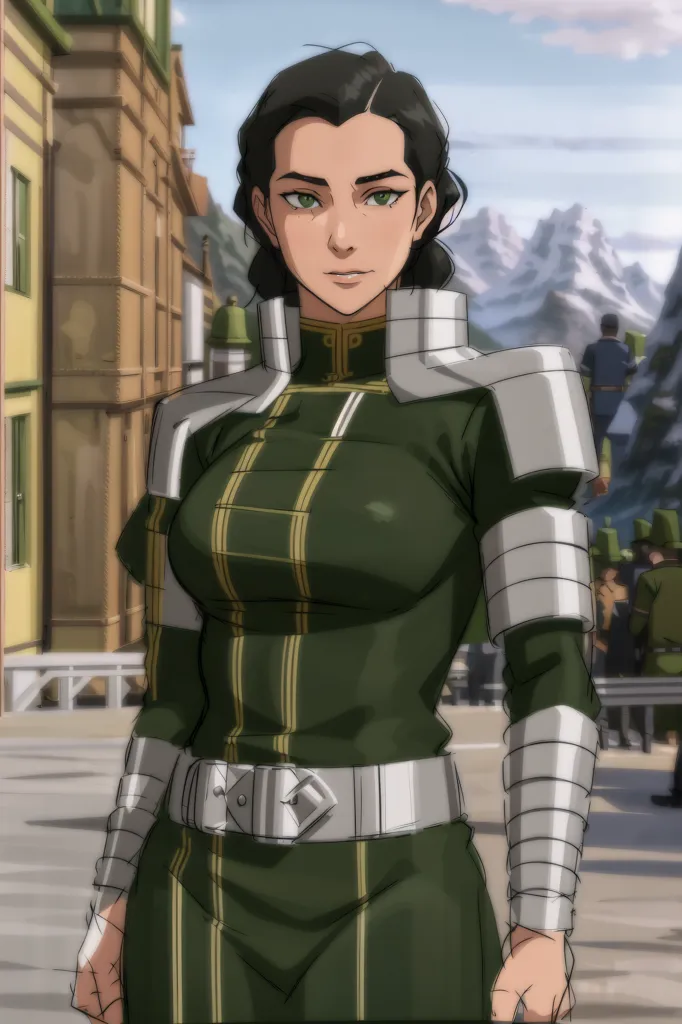 The image shows a young woman of Asian descent. She is wearing a green and brown uniform with metal armor. She has brown hair and green eyes. She is standing in a courtyard with a building in the background.