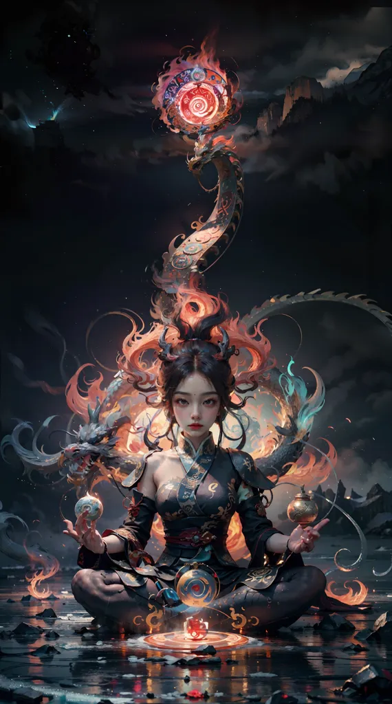 The image is of a young woman sitting in a lotus position. She is wearing a black and red kimono with a white obi. Her hair is long and black, and she has a red dragon hairpin in her hair. She is surrounded by a red and blue dragon. The dragon is coiled around her and has its head resting on her shoulder. The woman has her eyes closed and is meditating. She has a serene expression on her face. The background is a dark blue night sky with clouds.