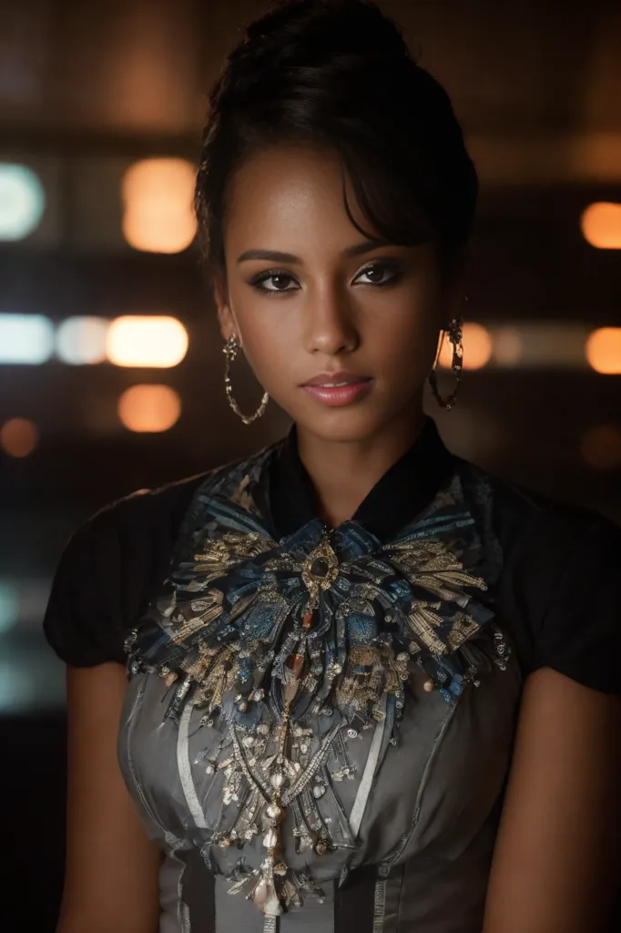 L'image est un portrait d'une jeune femme. Elle a la peau brune foncée, les yeux bruns foncés et ses cheveux sont coiffés en chignon. Elle porte un chemisier noir avec un collier en argent et des boucles d'oreilles en argent. L'arrière-plan est flou et hors de focus.