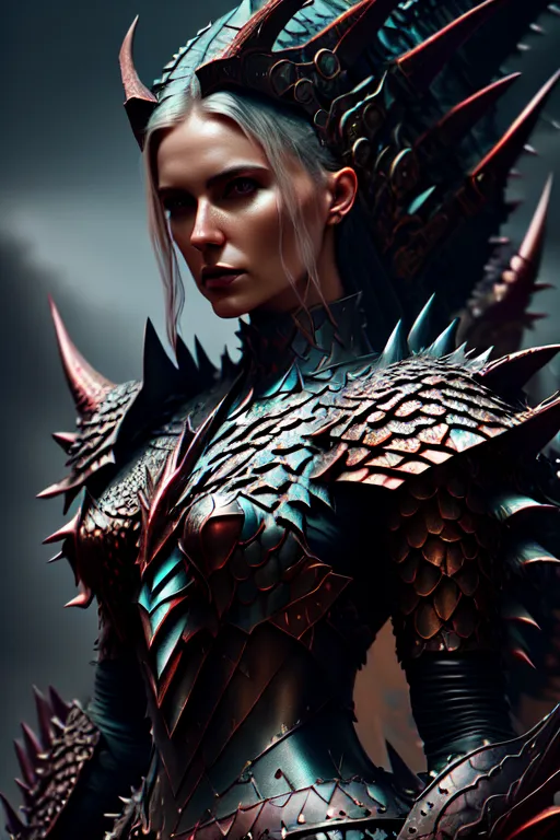 The image is a portrait of a female warrior. She is wearing a suit of armor that is made of metal and has spikes on it. She has a sword in her hand and is looking at the viewer with a fierce expression. She has long white hair and green eyes. She is standing in a dark background with smoke in the air.