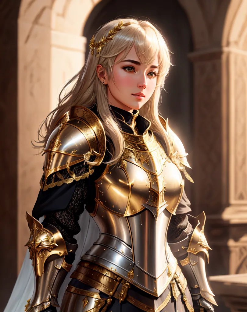 L'image représente une belle jeune femme en armure dorée. Elle porte un surcot blanc avec une bordure dorée, et son armure est décorée de motifs complexes. Elle a une couronne dorée sur la tête, et ses longs cheveux blonds tombent dans son dos. Elle se tient dans une pose confiante, et ses yeux sont plissés avec détermination. L'arrière-plan est un flou de couleurs claires et sombres, suggérant qu'elle se trouve dans une bataille ou une autre situation dangereuse.