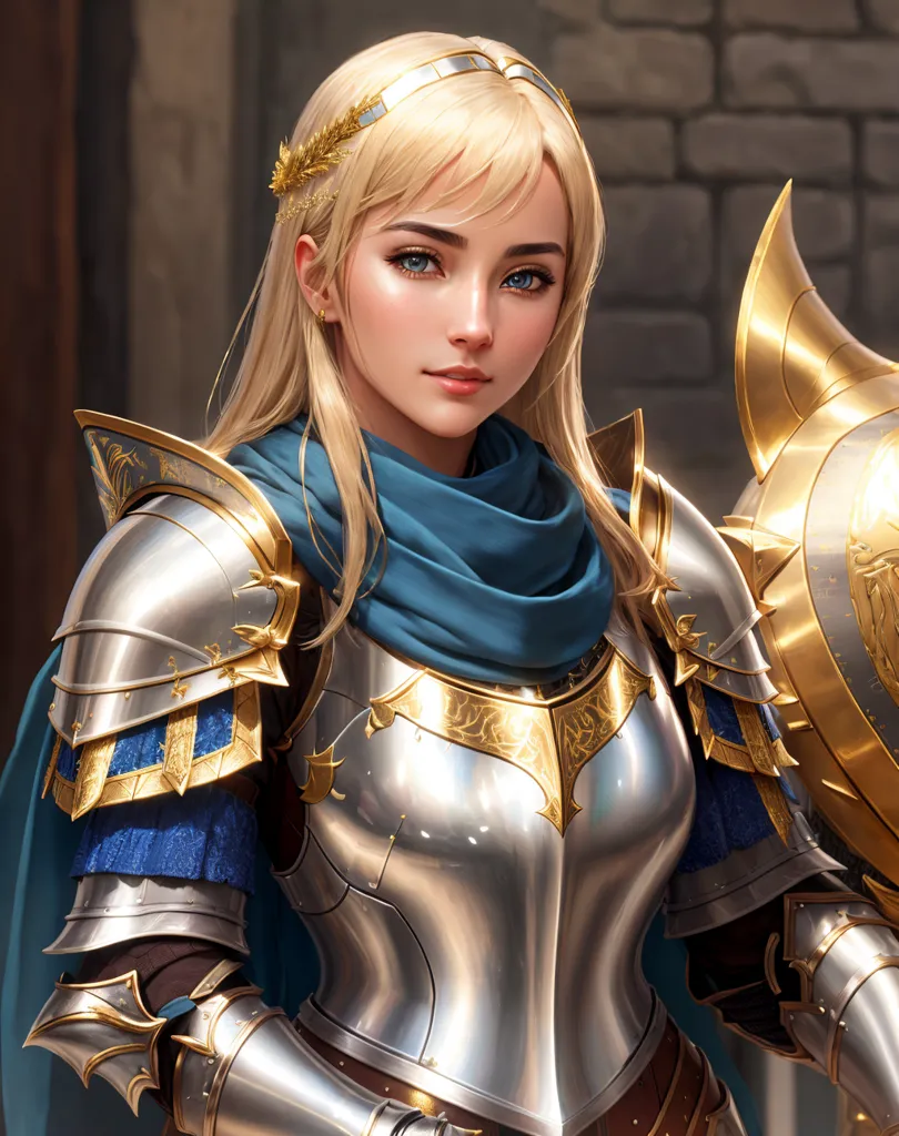 L'image représente une jeune femme dans la vingtaine. Elle a de longs cheveux blonds ondulants et des yeux bleus. Elle porte une cuirasse argentée et dorée avec une écharpe bleue. Elle porte également un diadème doré sur la tête. Elle a une expression déterminée sur le visage et semble prête pour le combat.