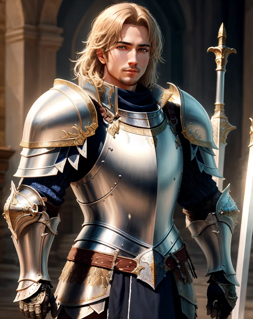 The image is of a young man with long blond hair. He is wearing a suit of silver armor with gold trim. He is also wearing a blue cape. He has a sword in his right hand and a shield in his left hand. He is standing in a courtyard, with a castle in the background.