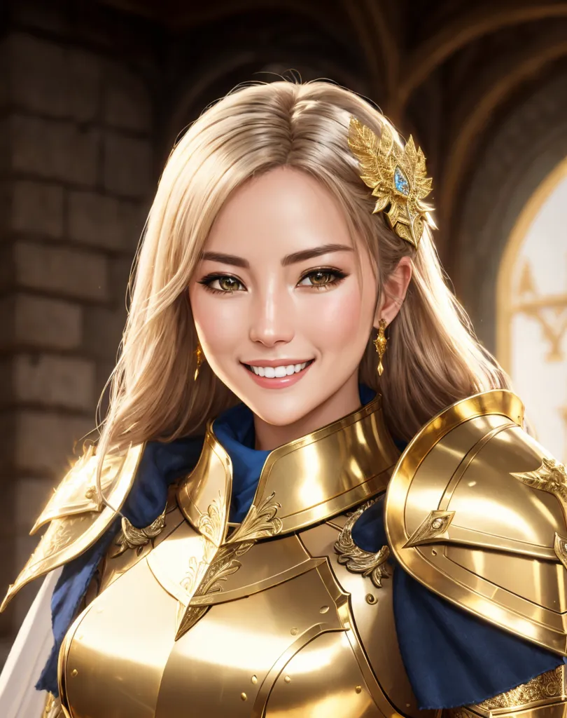 The image shows a beautiful young woman with long blonde hair and green eyes. She is wearing a golden armor and has a friendly smile on her face. She is standing in a medieval-style room with stone walls and a large window in the background.