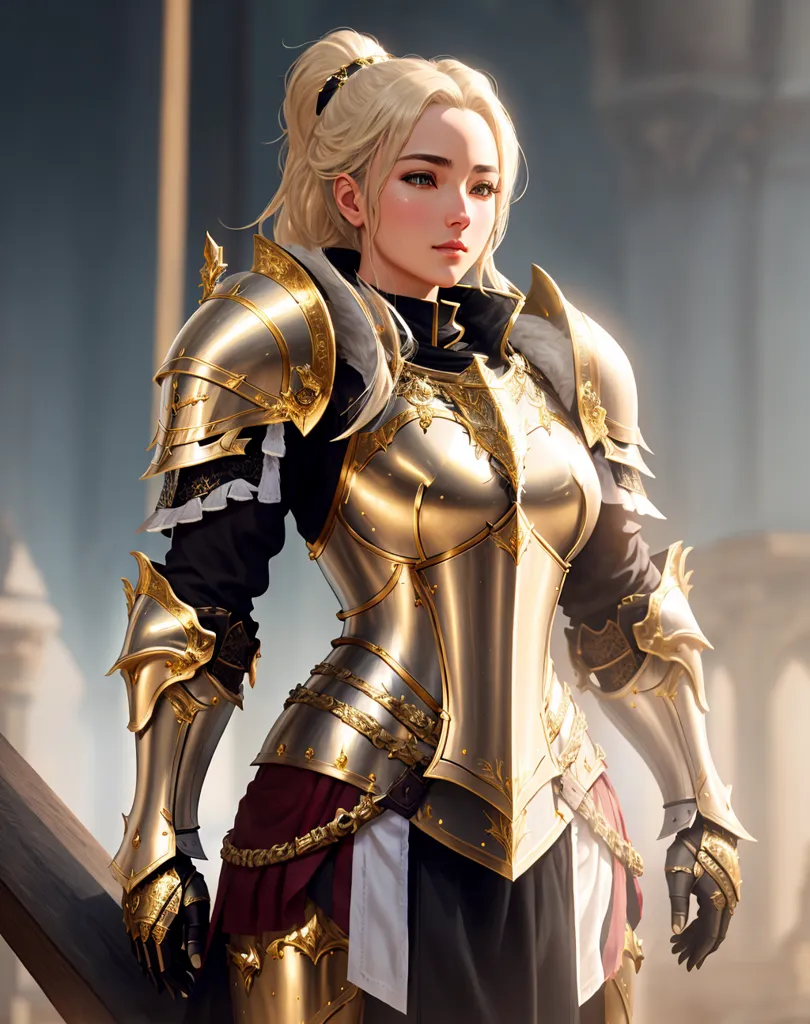 The image shows a female knight in golden armor. She is wearing a white surcoat with a red sash. Her armor is decorated with gold trim and has a lion's head on the breastplate. She has a sword in her right hand and a shield in her left hand. The background is a blurred out castle.