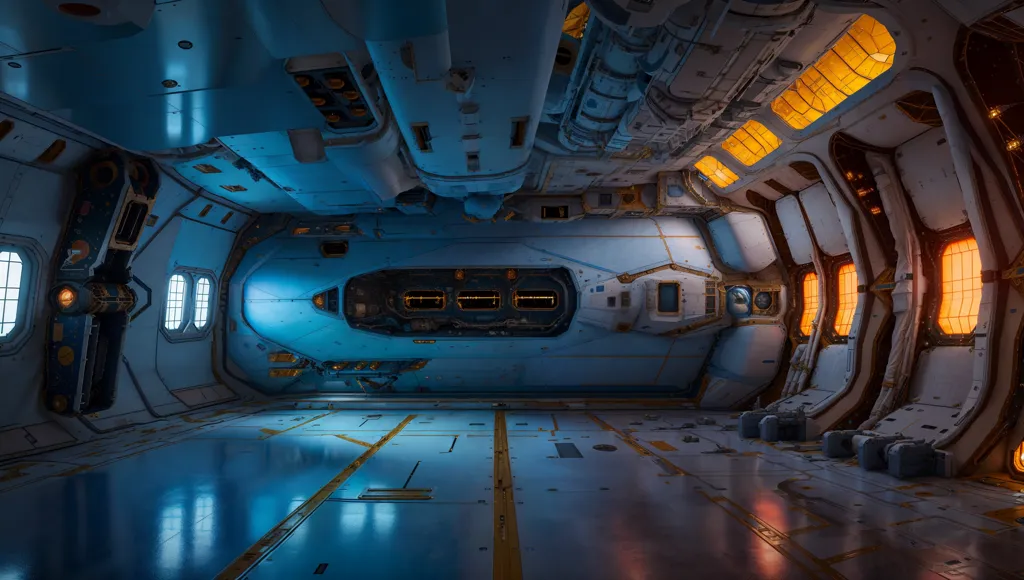 L'image montre une grande salle ou un hangar avec un plafond très haut. La salle est principalement vide, avec quelques caisses et pièces d'équipement éparpillées. Les murs et le plafond sont recouverts de tuyaux et de machinerie, et il y a plusieurs grandes fenêtres donnant sur l'espace. La salle est éclairée par quelques lumières vives, et une lueur bleue provient des fenêtres.